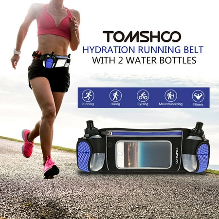 TOMSHOO Hydration Running Belt with 2 Water Bottles Lightweight Reflective Touch Screen Mobile Phone Holder Waist Belt Fanny Pack Bag for Outdoor Sport Marathon Running Cycling