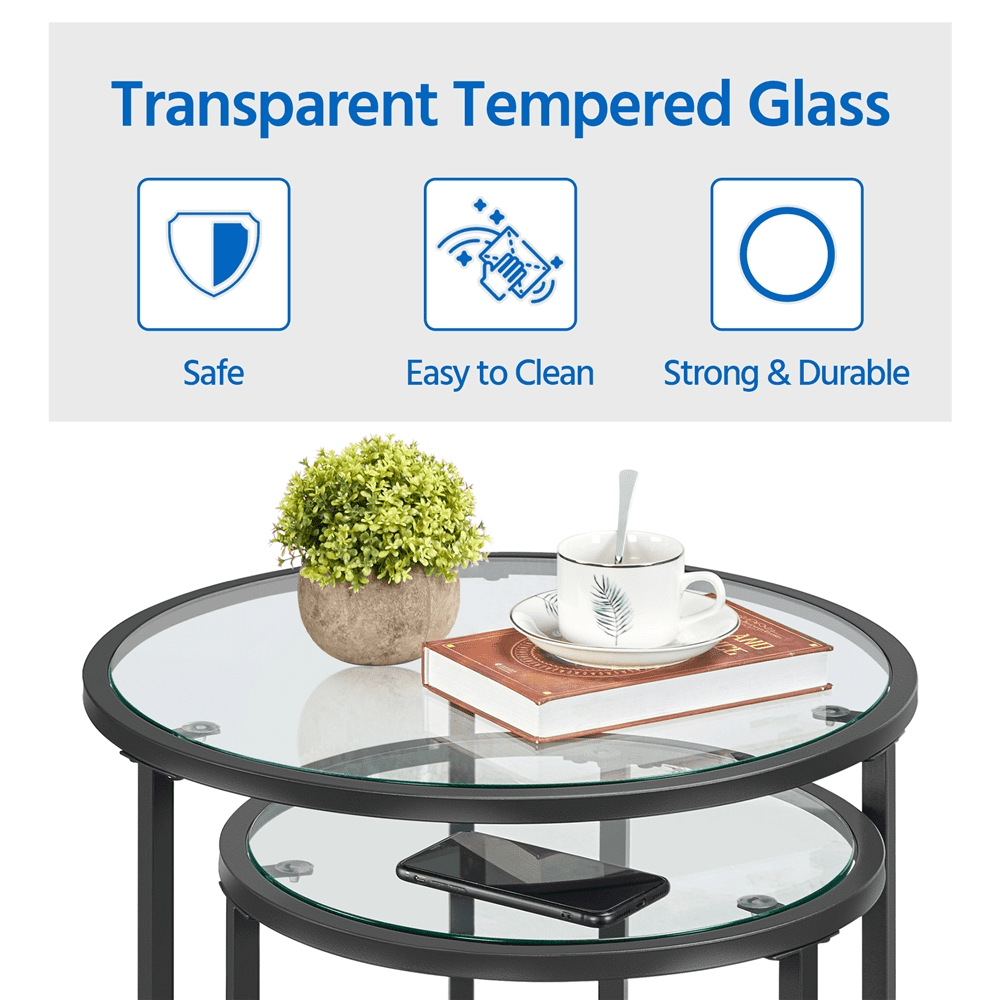 Alden Design Round Metal Nesting End Table Set of 2 with Glass Top for Living Room, Black