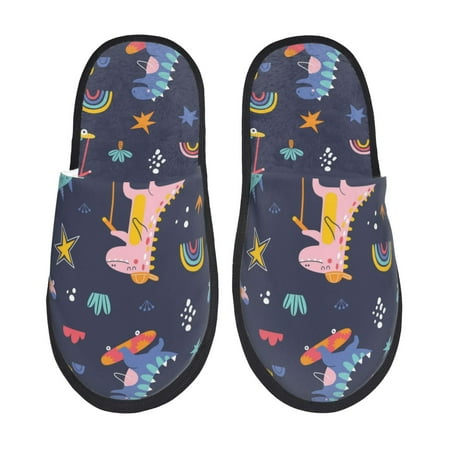 Balery Cartoon Dinosaur Scooter Sport Blue Slient Indoor Furry Fleece Comfort House Shoes Soft Non-Slip Home Shoes Cotton slippers House Slippers-- Large