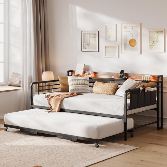 Daybed with Trundle Bed, Twin Bed Frame with Storage Headboard & Charging Station and LED Light, Heavy Duty Metal Day Bed Pop Up Trundle Bed for Living Room,Bedroom, Black