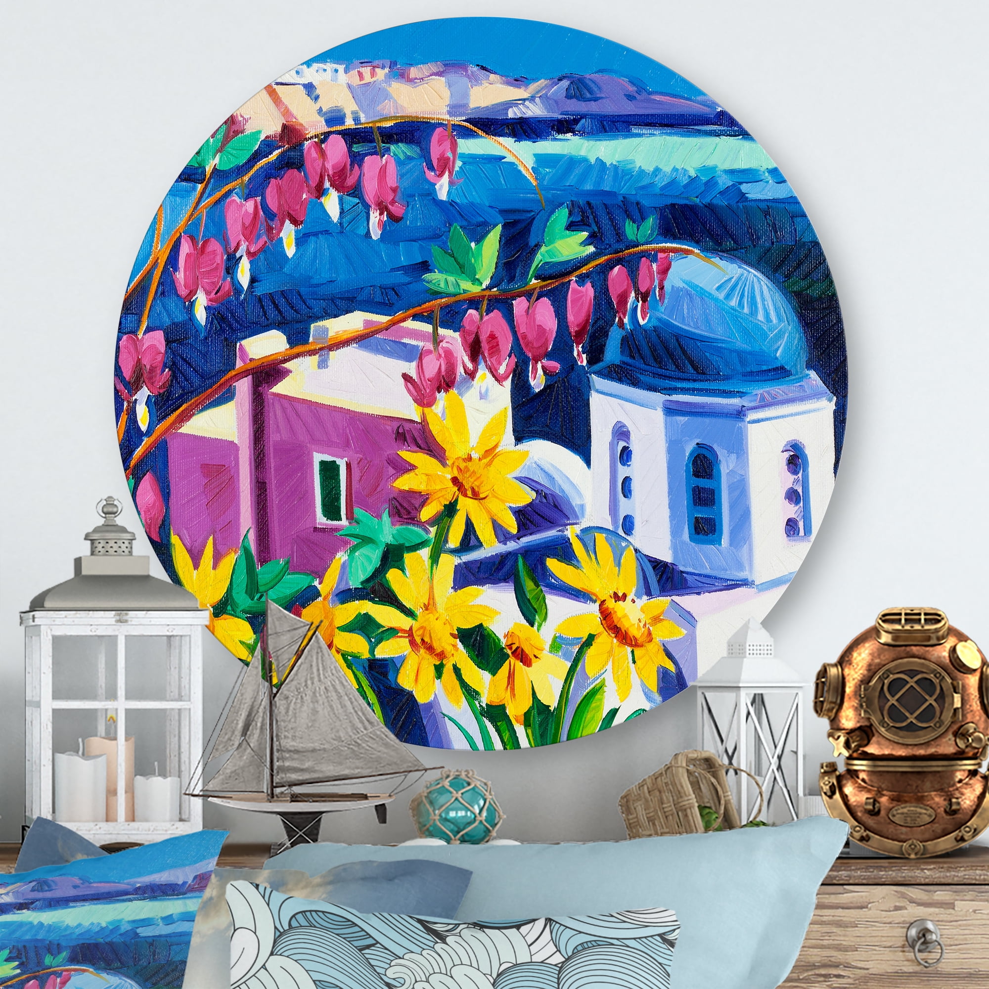 Colorful Traditional Santorini Churches Among Flowers 11 in x 11 in Painting Art Prints, by Designart