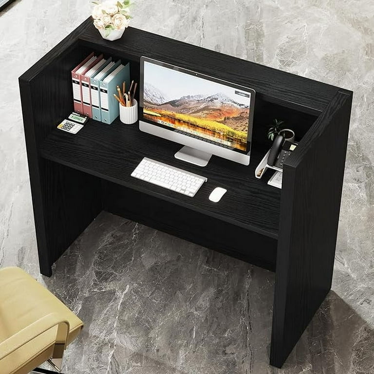 Tribesigns Reception Desk with Counter, Modern 47 inch Small Front Desk Retail Counter for Checkout, Lobby, Salon, Reception Room (Brown, 47.2 Tribesigns Reception Desk with Counter, Modern 47 inch Small Front Desk Retail Counter for Checkout, Lobby, Salon, Reception Room (Brown, 47.2