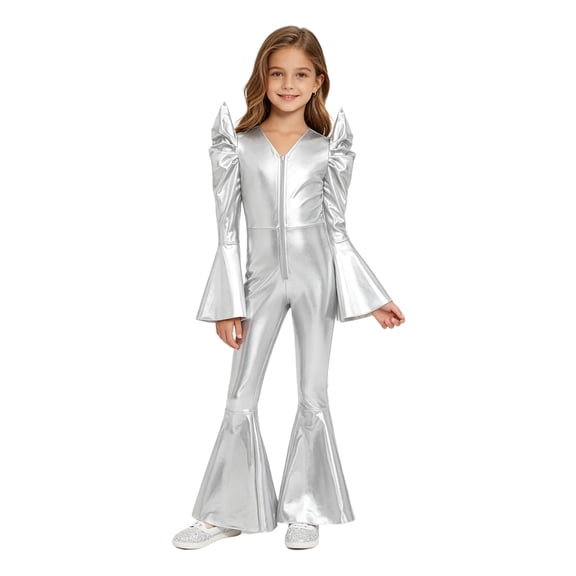 Aiihoo Shiny Hippie Kids Girls 70S Disco Jazz Dance Jumpsuit Long Sleeves Metallic Bell Bottom Flare Bodysuit Rompers Silver 14