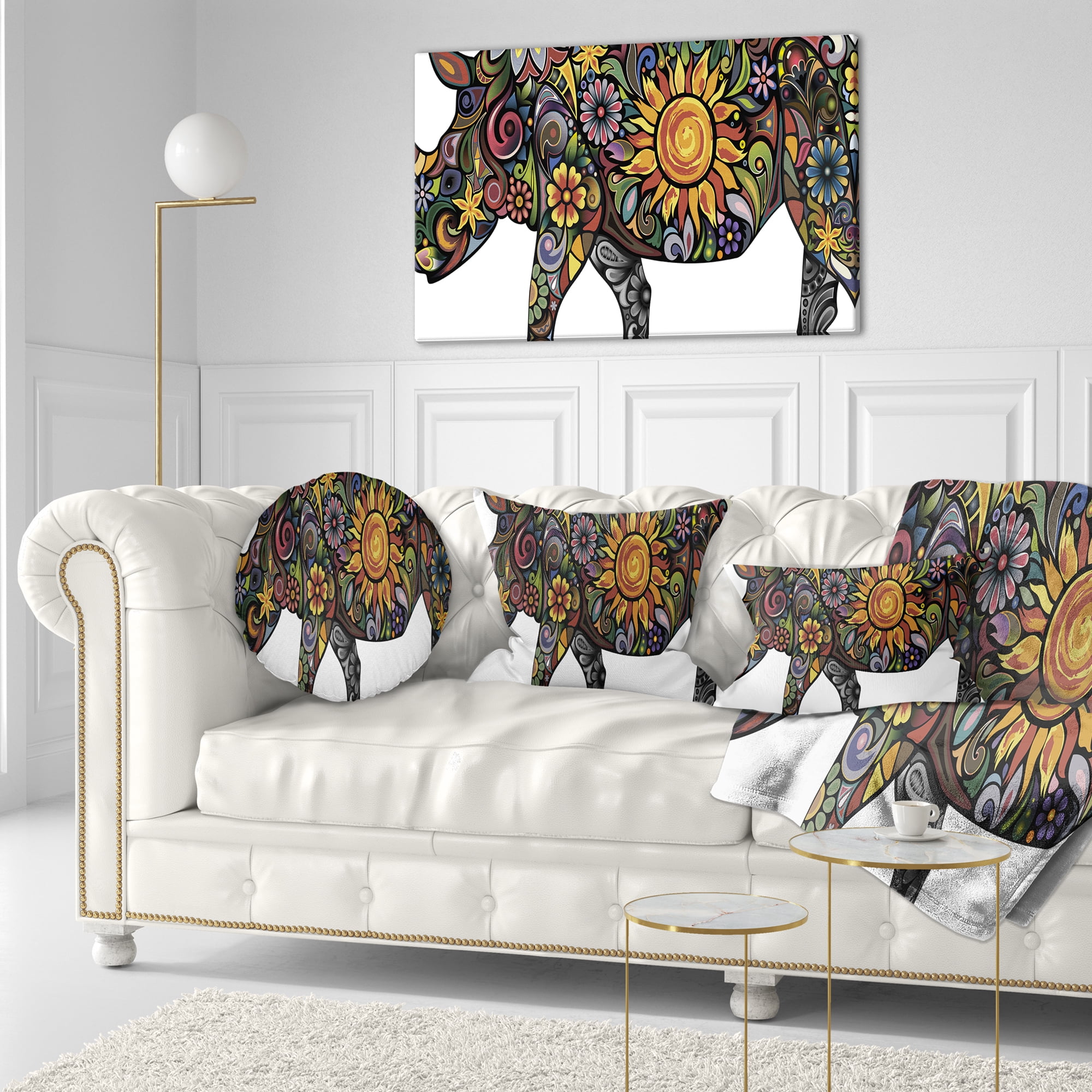 Designart Cheerful Rhinoceros on White - Animal Throw Pillow - 12x20
