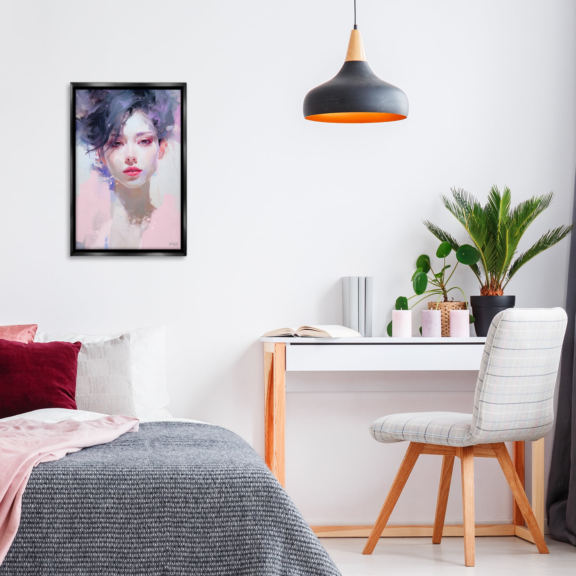Stupell Industries Purple Haired Woman Novelty Painting Black Floater Framed Art Print Wall Art, 17 x 25