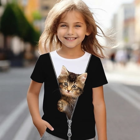 Girls T Shirts Short Sleeve Crewneck Graphic Tees Cute Cat Print Summer Casual Adorable Animal Kids T Shirts Size 6-7Y