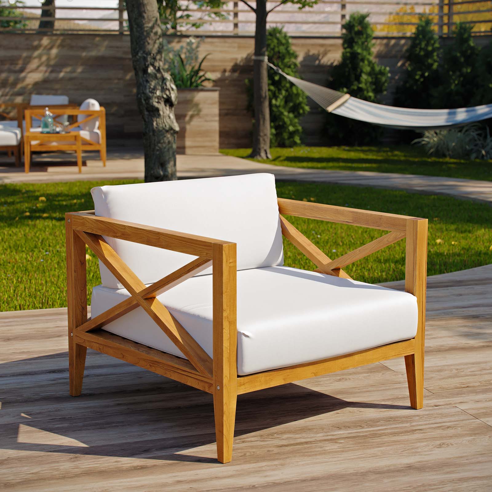 Contemporary Modern Urban Designer Outdoor Patio Balcony Garden Furniture Lounge Side Armchair Chair, Wood, Natural White - image 2 of 7