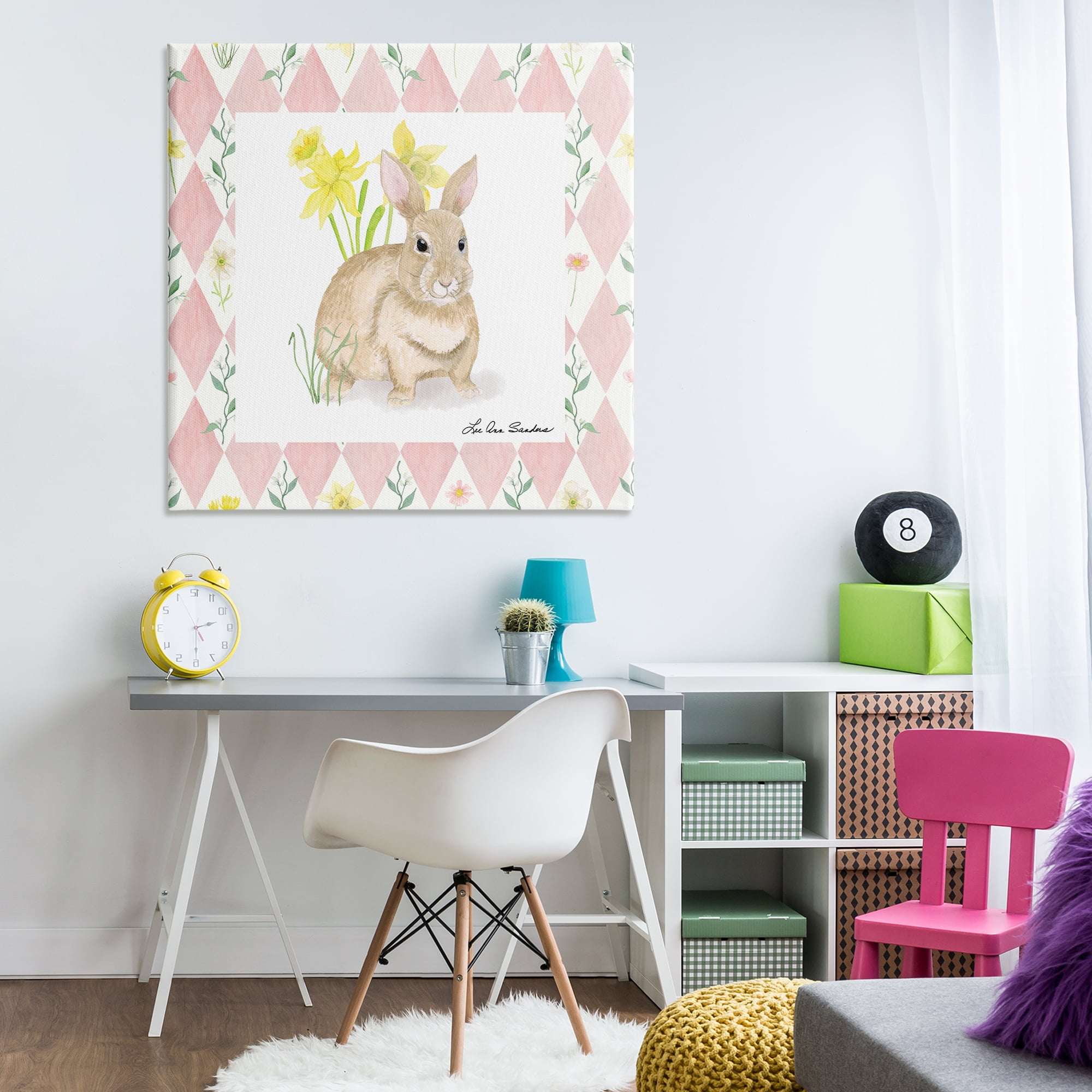 Bunny on Pink Argyle Canvas Wall Art, design by Lee Ann Sanders