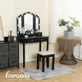 thumbnail image 5 of Caroeas Vanity, Tri-Fold Makeup Vanity with Mirror, Lights and Padded Vanity Stool, Vintage Solid Wooden Vanity Set for Bedroom, 5 Drawers, 2 Brush Slots and 2 Open Compartments, Black Finish, 5 of 8