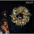 thumbnail image 4 of 24 inch Pre-Lit Gold Christmas Wreath for Front Door Outdoor, Decorated with Ornaments, Deer Figurine, Flocked Artificial Green Pine Branches, White LED Lights, 4 of 9
