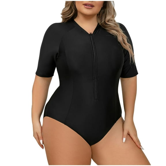 Npasoilc Plus Size Swimsuits for Women One-Piece Short Sleeve Front Zipper Triangle Bathing Suit Solid Color Stretchy Beach Surfing Swimwear