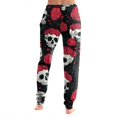 thumbnail image 5 of WULMLEO Women Soft Halloween Gothic Loungewear Jogger Pants, Skull Rose Floral Print, Adjustable Drawstring Elastic Waist Cuffed Ankle Casual Sleep Pajama Trousers Red S, 5 of 5