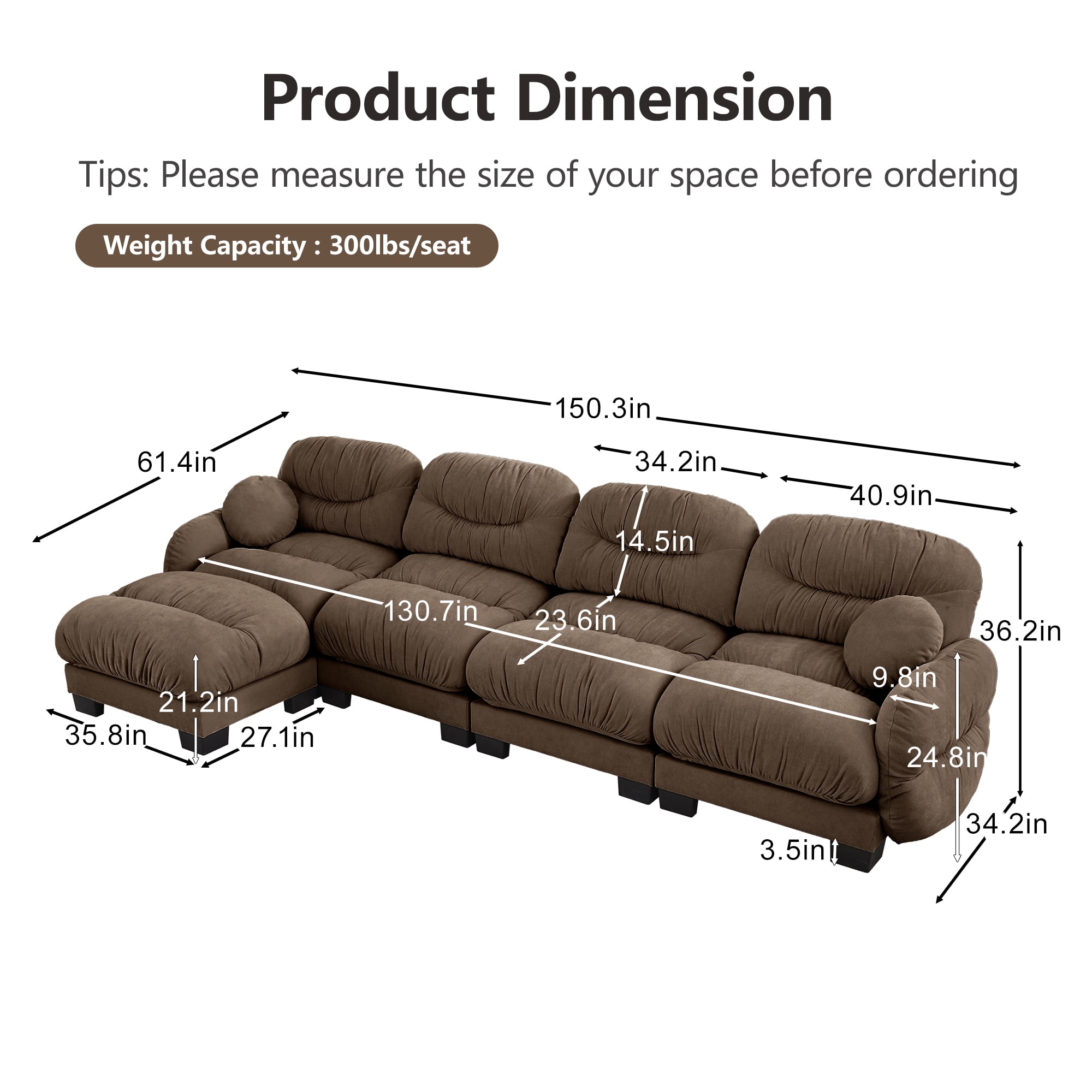 150" 4 Seater Sectional Couch Cozy Chenille Modular Sofa with Ottoman and 2 Throw Pillows