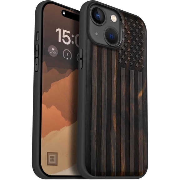 Case for iPhone 15 Case, Compatible with MagSafe Wireless Chargers, Black Soft TPU Shockproof Cover & Artisan Printed American Flag, Black