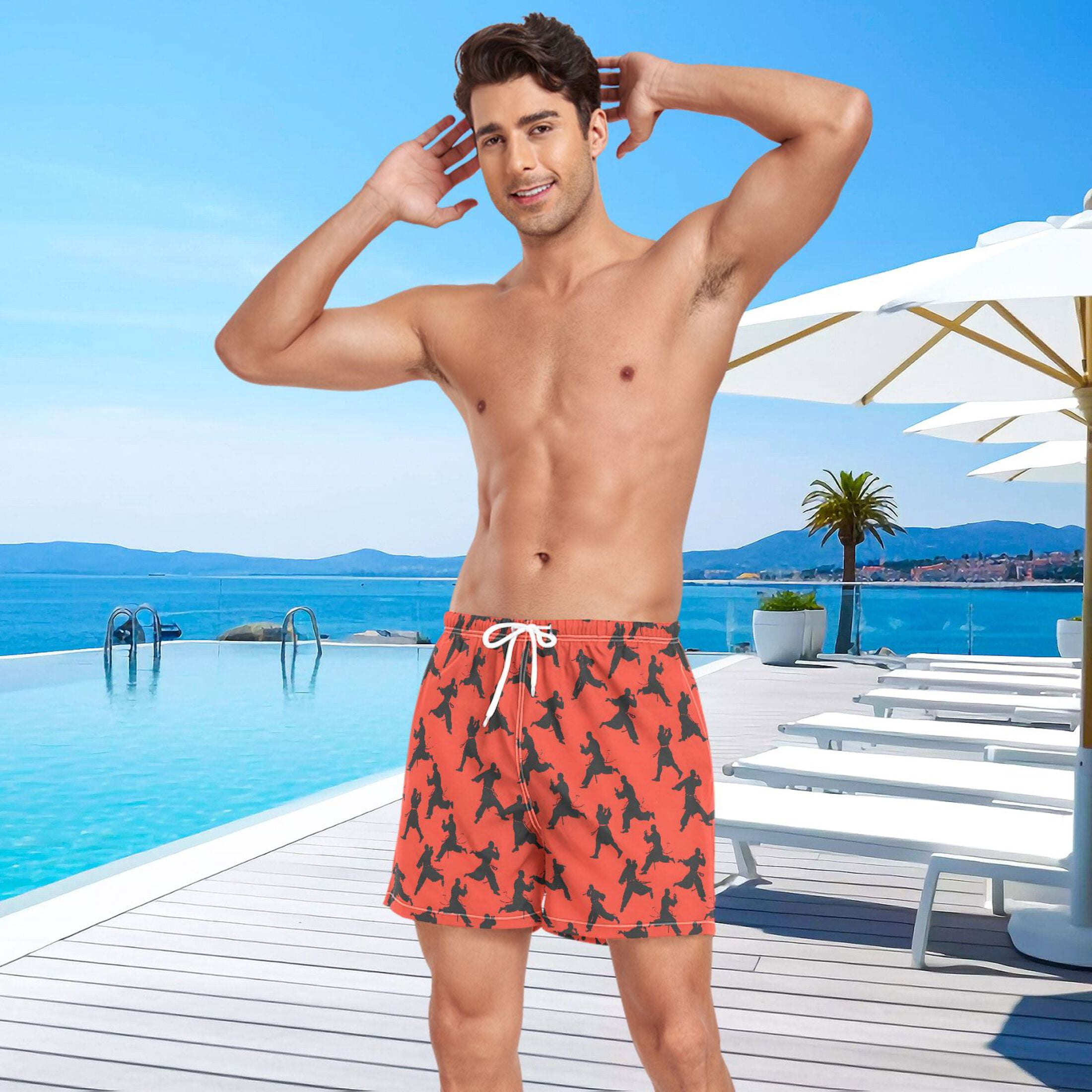 joogoo Men's Karate Style Red Swim Trunks with Liner Pocket Beach Shorts XXL