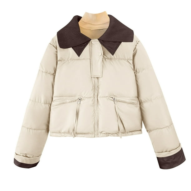 Parkas de manga larga con cuello para mujer, chaqueta de plumón corta, chaqueta de cuero de invierno para mujer, chaqueta gruesa y cálida, abrigo para mujer