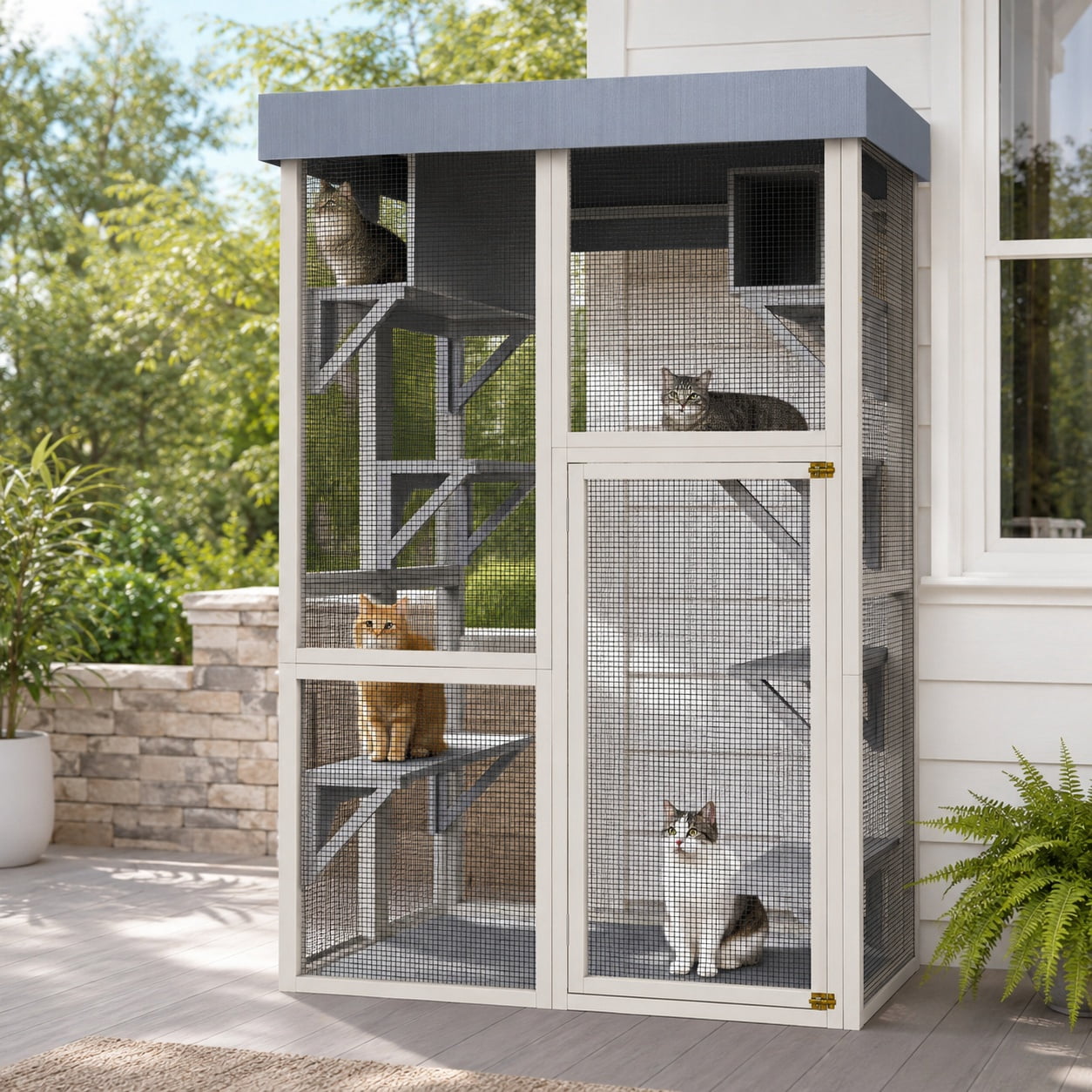 Aukfa 70"H Wooden Outdoor Cat Catio with Waterproof Roof, Large Cat Enclosure for Multiple Cats,Black
