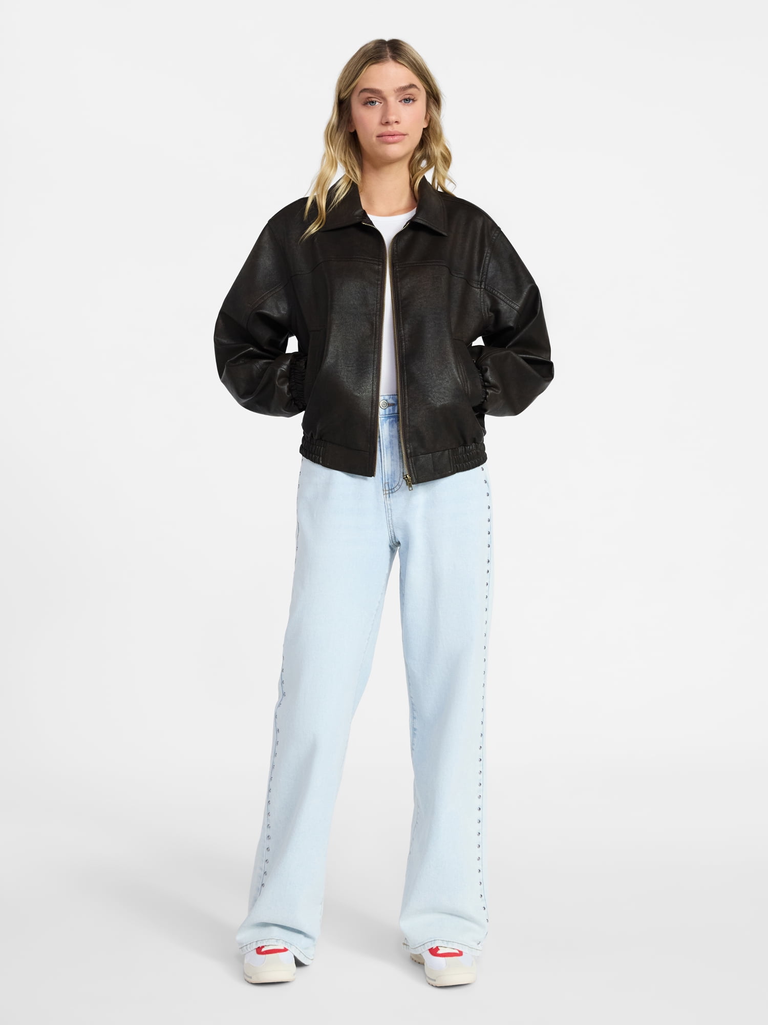 No Boundaries Relaxed Fit Faux Leather Jacket, Women's XXS-XXL