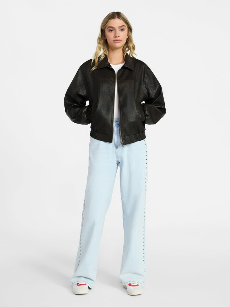 No Boundaries Relaxed Fit Faux Leather Jacket, Women's XXS-XXL