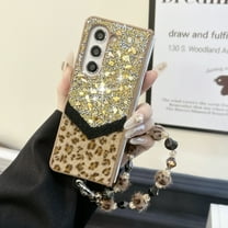 for Samsung Galaxy Z Fold 5 Glitter Bling Case, Cute Luxury 3D Crystal Rhinestone Diamond with Sparkly Bracket for Women Girls Case with Leopard Pattern Furry for Samsung Galaxy Z Fold 5, Gold