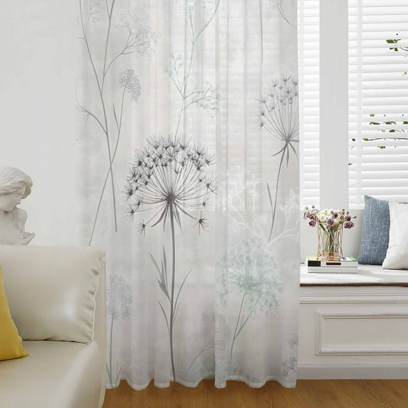 Teal Black Dandelion Semi Sheer Curtains Drapes for Living Room, Bedroom, French Doors Window 72 Inches Long, Vintage Watercolor Floral Rod Pocket Chiffon Curtain Drapery Voile Draperies Panel