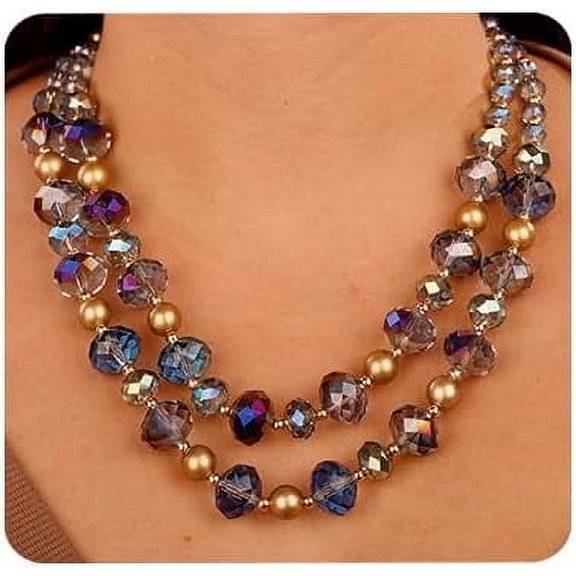 Boho 2-Strand Beaded Choker Necklace with Earrings Vintage Blue Crystal Pendant Statement Necklace for Women
