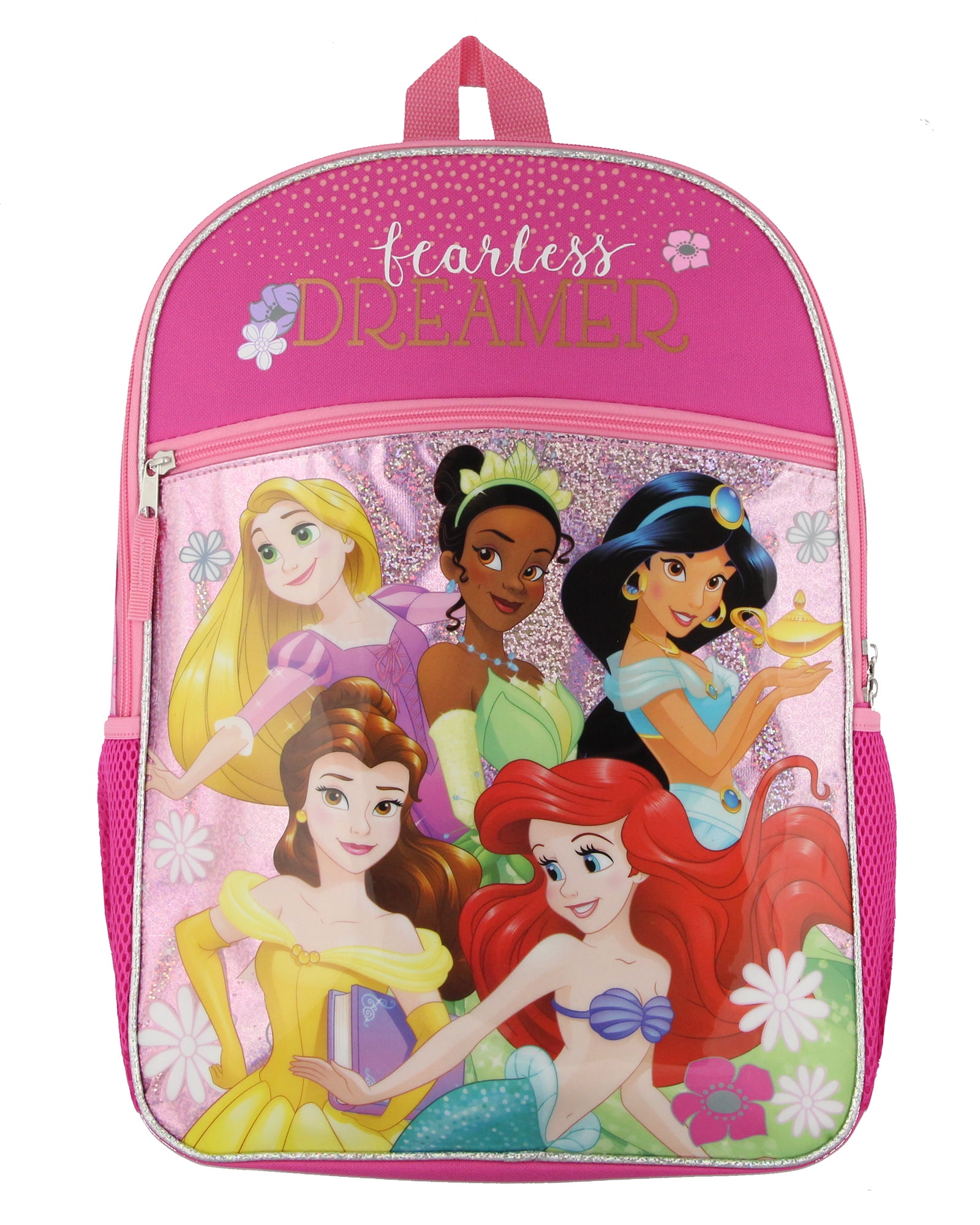 Disney Princess Fearless Dreamer Rapunzel Jasmine Belle Ariel Tiana Pink 16" School Travel Backpack