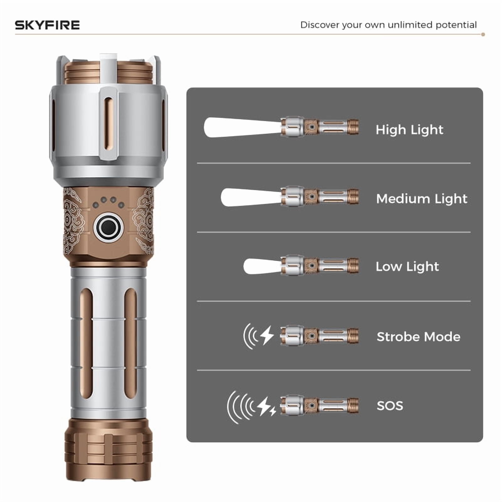 SKYFIRE New Model Flashlight - High Brightness - Rechargeable - Outdoor Flashlight - Extremely Bright, with five modes, equipped with a focusing lens and various complimentary items.