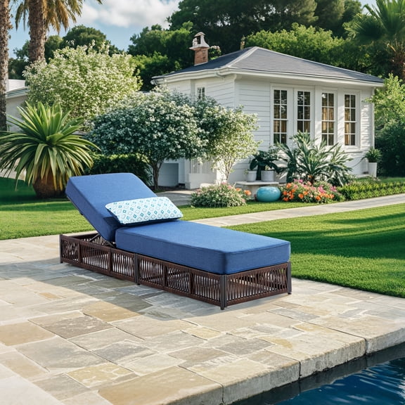 Giantfurnni Outdoor Wicker Chaise Lounge Recliner Chair with 5-Inch Thick Cushions, Rattan Reclining Lounger for Patio, Porch, Poolside