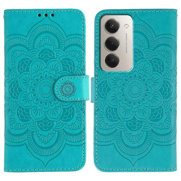 TKdaddy For Xiaomi Redmi 15 5G Case PU Leather Mandala Imprinted Design Wallet Phone Cover with Wrist Strap Blue