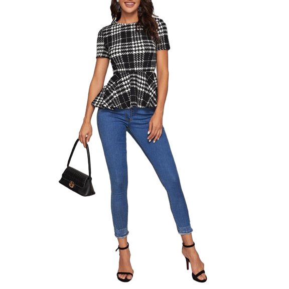 Elegant Plaid Peplum Round Neck Black and White Short Sleeve Women's Blouses XS (2)