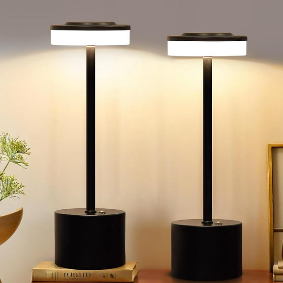 2 Pack Black Cordless Table Lamp Portable LED Desk Lamp 5000mAh Battery Operated 3 Color Stepless Dimming Up for Restaurant Bedroom Bars Outdoor Party Camping Coffee Shop Night Light