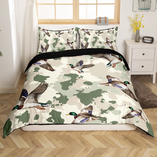 Erosebridal Housse de Couette Canard Faune Simple, Housse de Couette Animal Rustique Simple, Déco de Chasse Camouflage, Réversible 2 Pcs(Sans Couette)