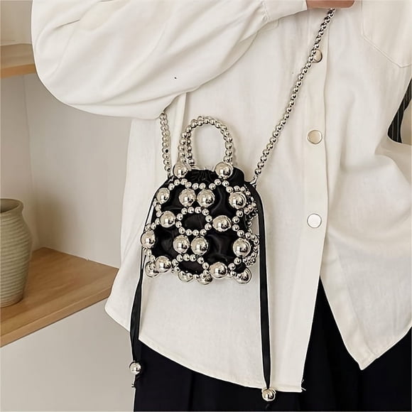 LHSHID Mini Beaded Tote With Faux Pearl Chain Luxurious Lightweight Single Shoulder Crossbody Bag Travel Sling Pouch With Coin And Makeup Storage