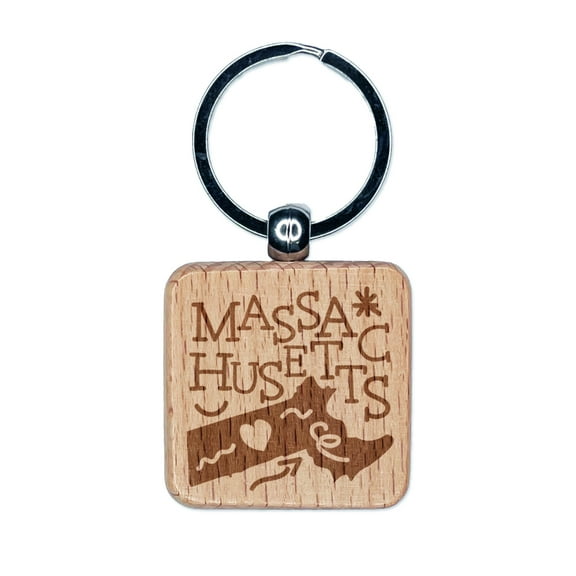 Massachusetts State with Text Swirls Square Keychain Charm Tag - Engraved Wood
