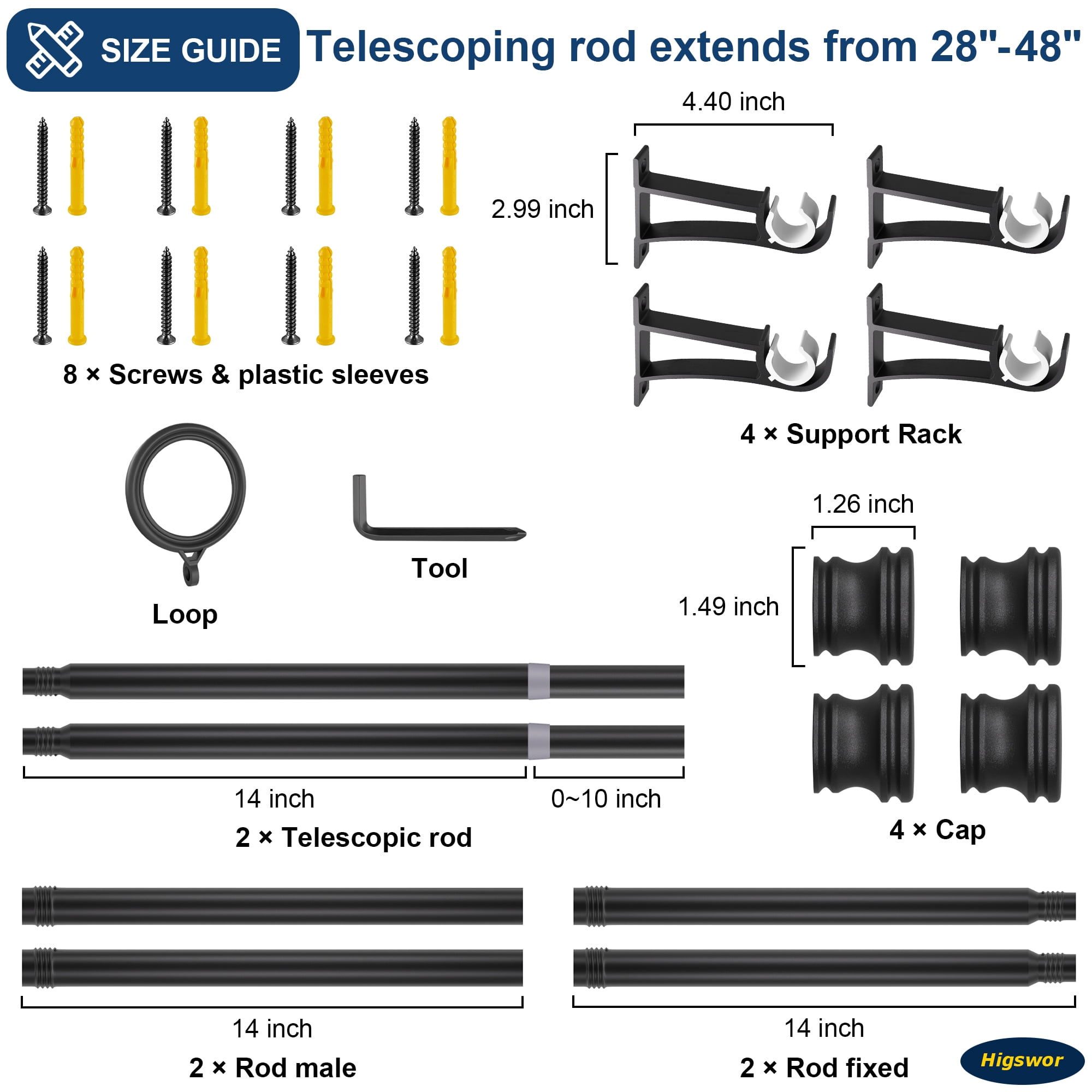 Curtain Rods for Windows  28 to 48 Inch, Black Curtain Rod, Heavy Duty Industrial Curtain Rods, Drapery Rods, 1 Inch Adjustable Indoor/Outdoor Curtain Rod 32-48"