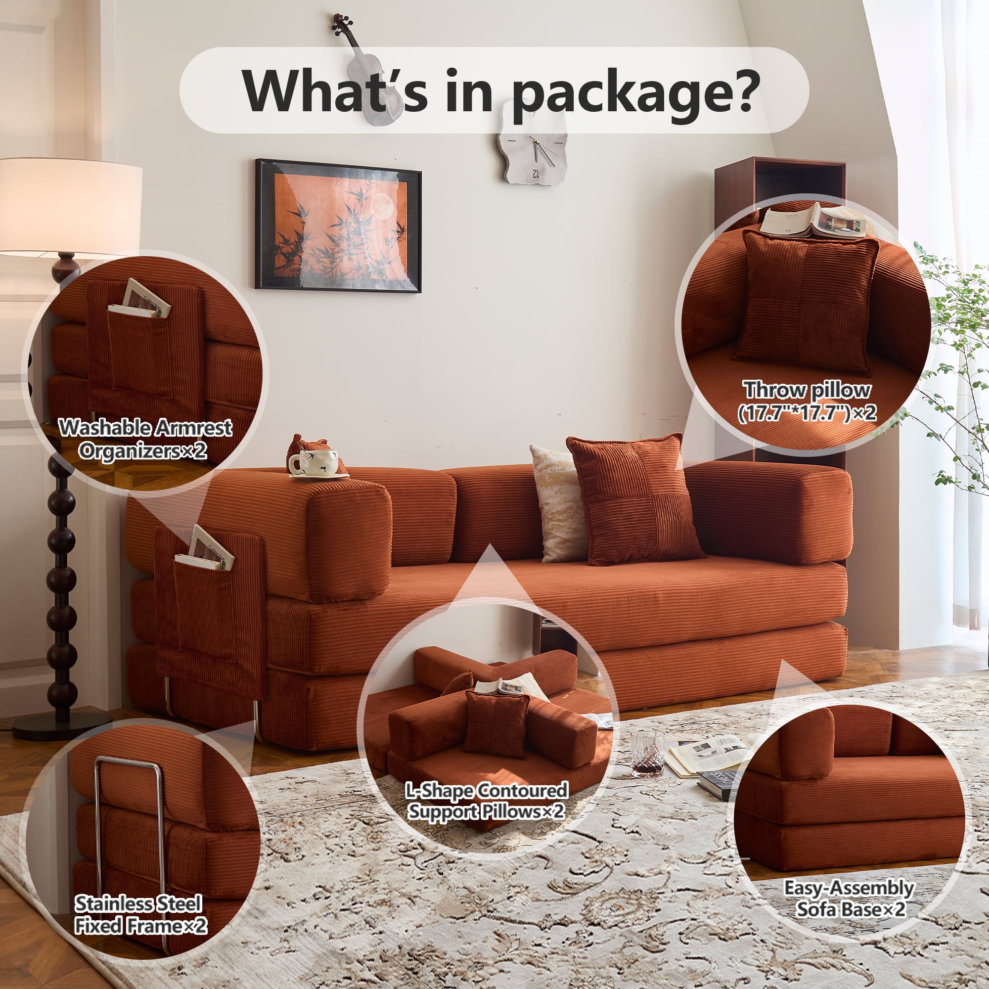 LIAROO Convertible Sofa Bed - 78.8" Boneless Couch Corduroy Fabric - Compression Sofa With Armrests and Backrest - Modular Sectional Sofa for Living Room, Bedroom, Studio