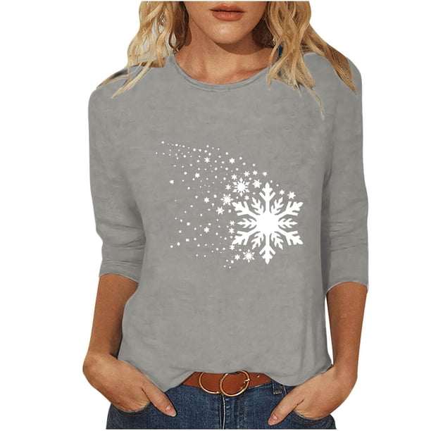 Camisetas de Manga Larga de las Mujeres Imprimir Navidad Cuello Redondo 3/4 Manga Suéter, Top Casual para las Vacaciones