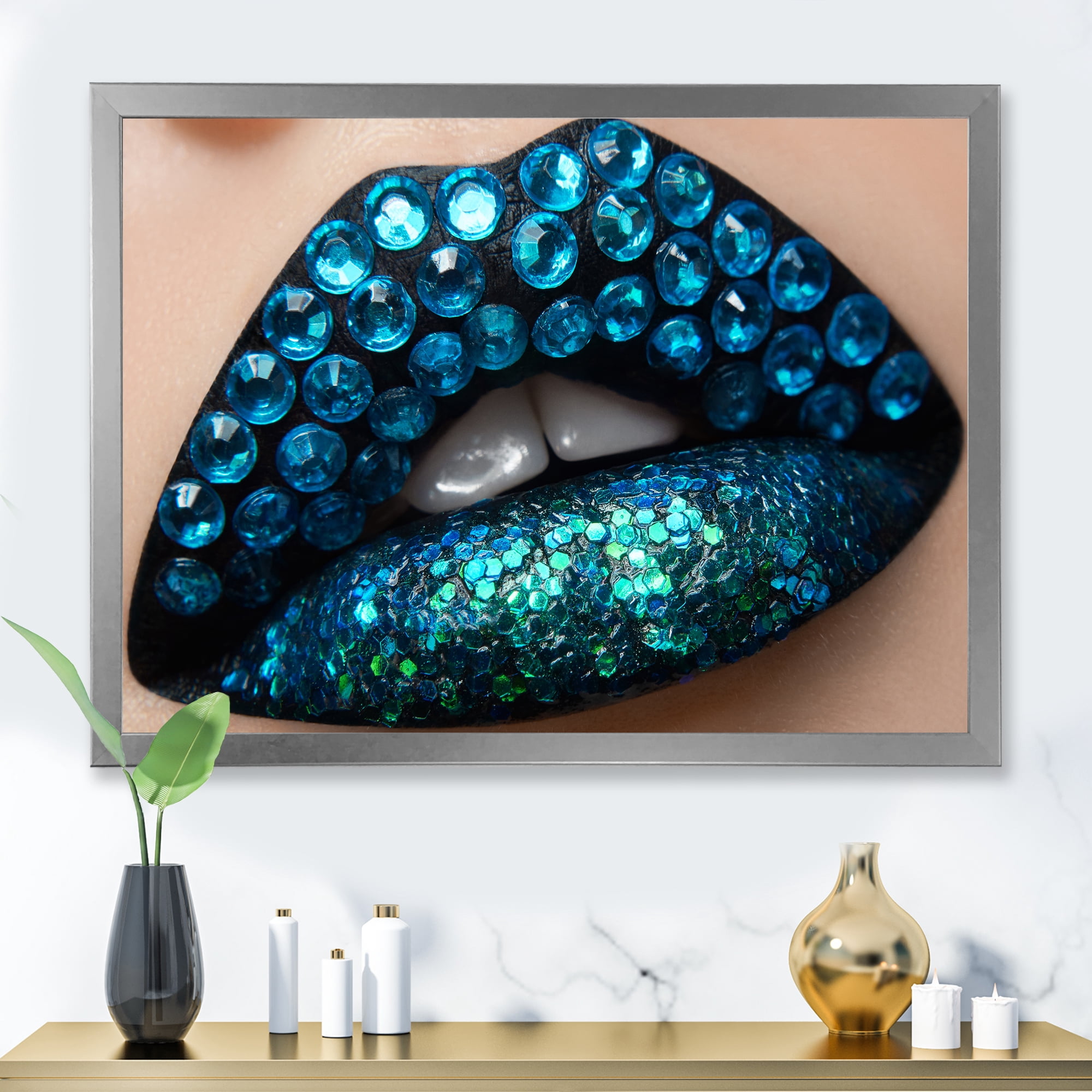 Designart 'Woman Lips With Black Lipstick Blue Diamonds' Modern Framed Art Print