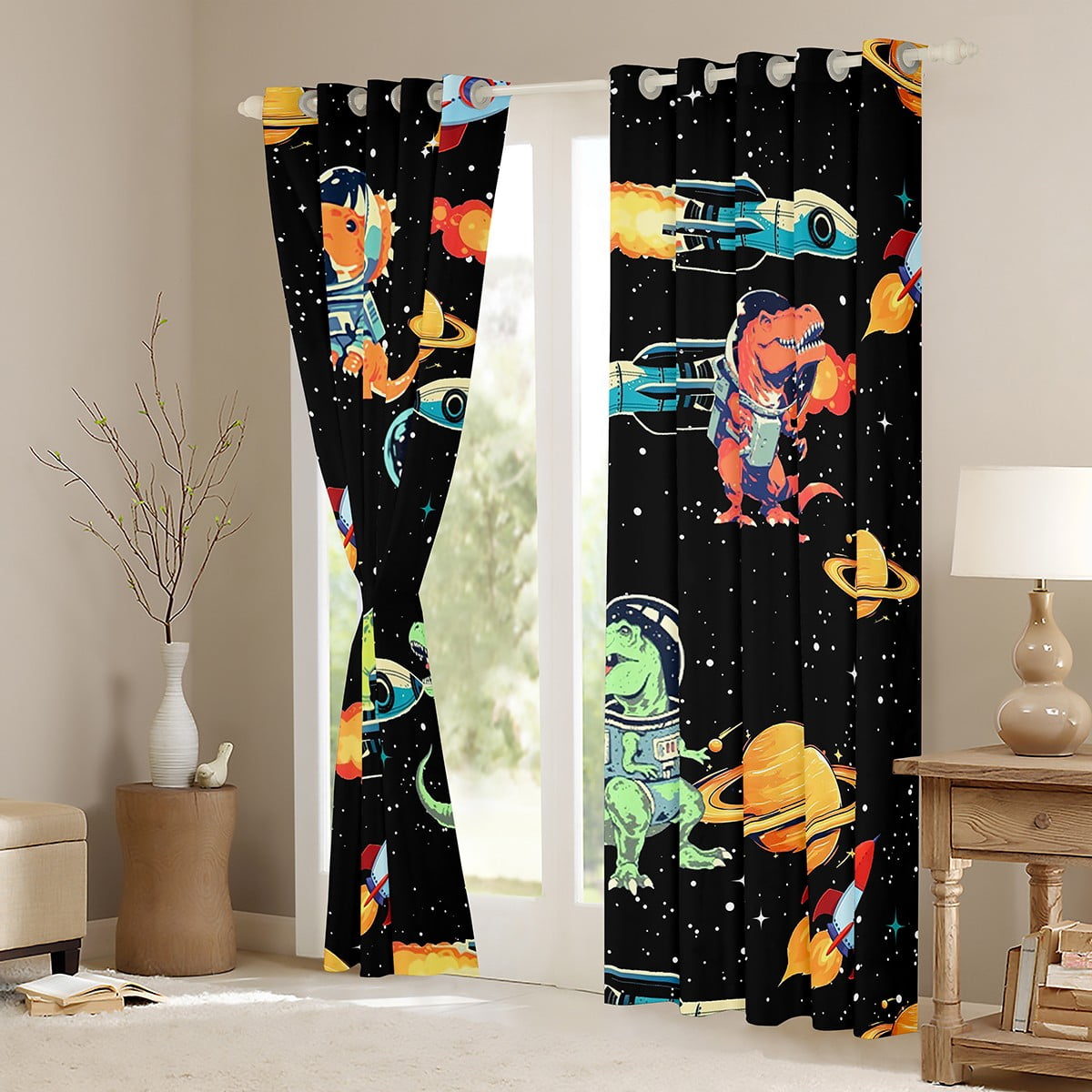 Feelyou Kawaii Dinosaur Kids Curtains Pack of 2 (42x84 Each), Mystic Outer Space Curtains Blackout, Stars Rocket Planet Bedroom Curtains, Black Out Curtains Decor