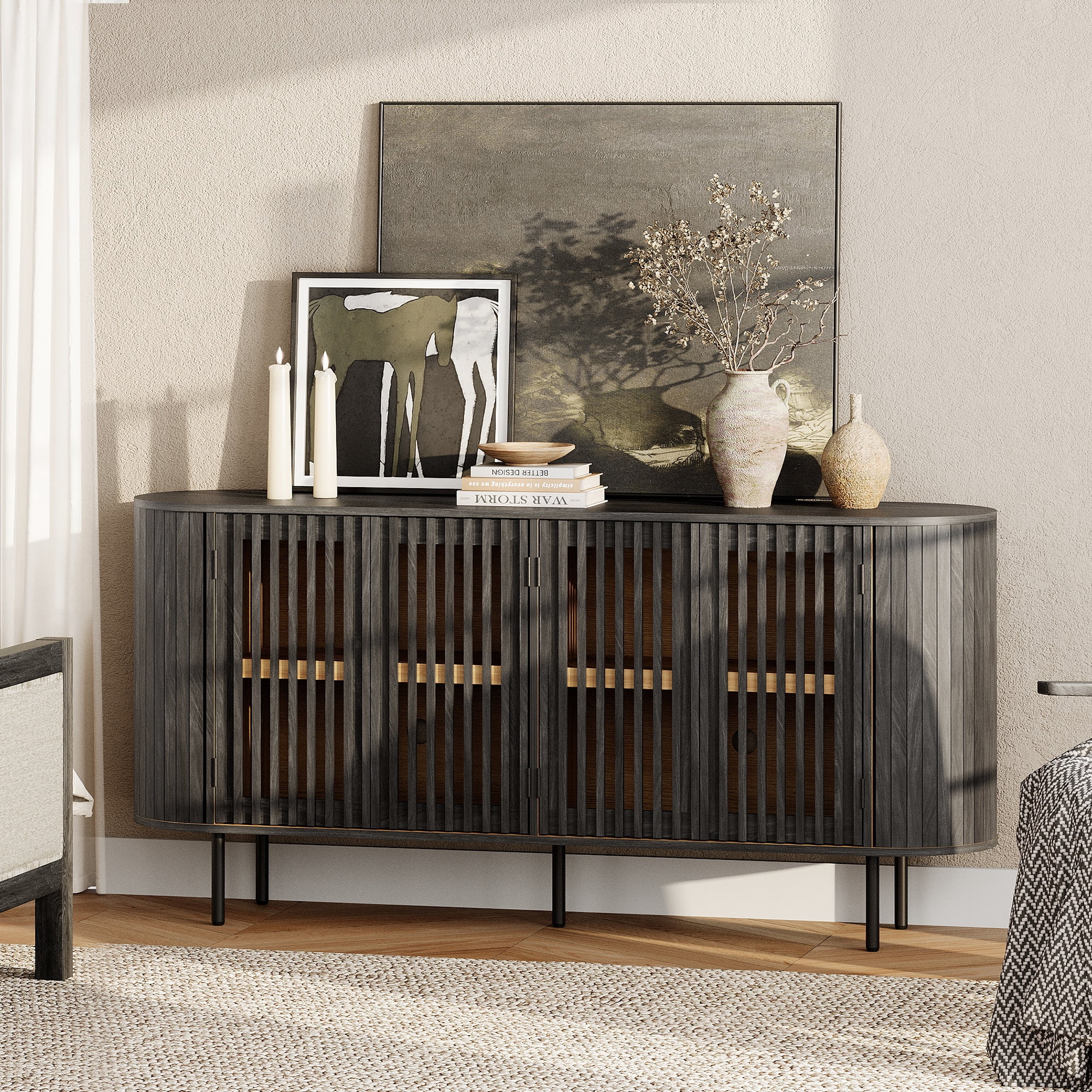WAMPAT Fluted TV Stand for 75 Inch TV, Modern Entertainment Center with Storage, Wooden Media Console with Pop-up Doors for Livingroom, Bedroom, Black