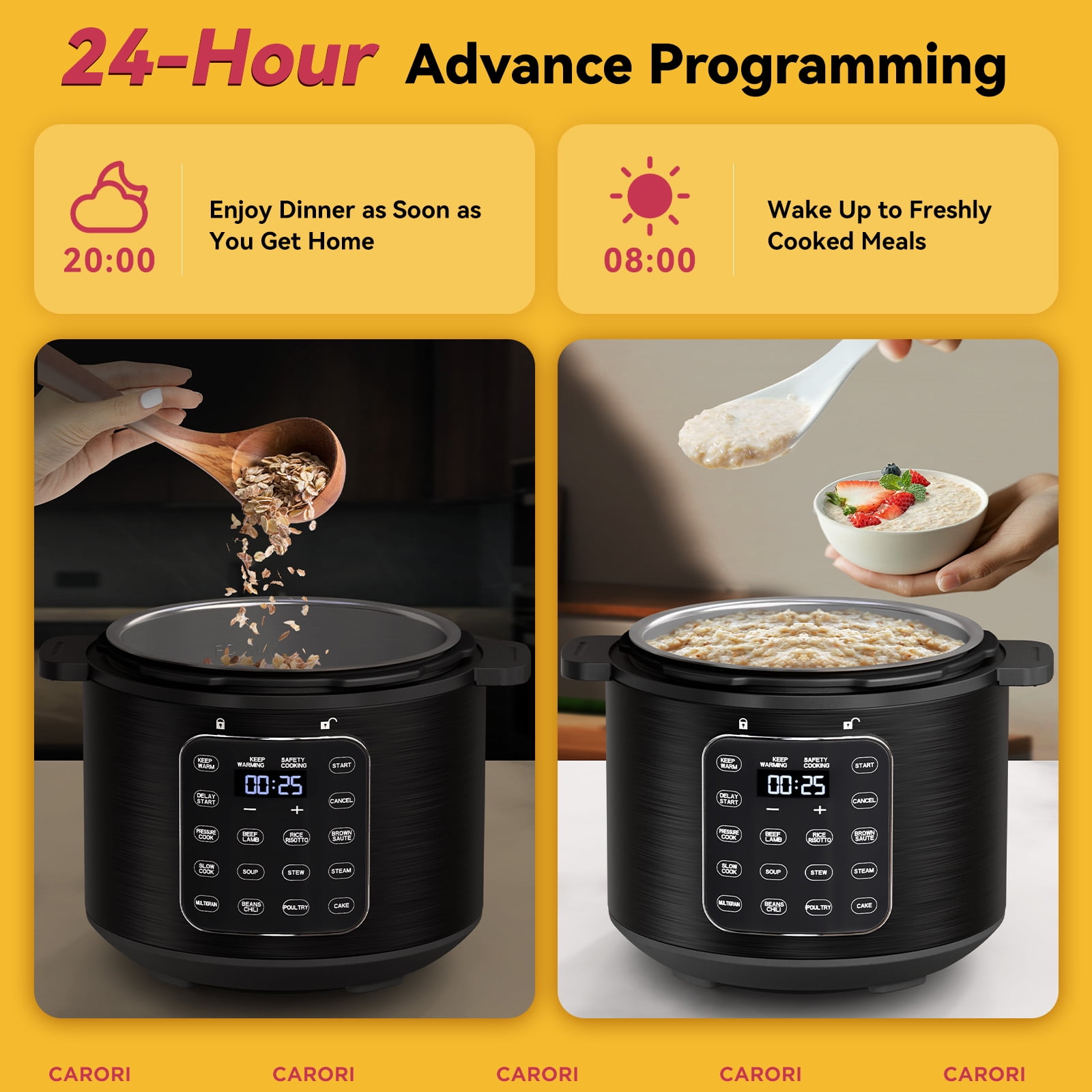 CARORI 9-in-1 Electric Pressure Cooker 6 Quart Black, Stainless Steel Pot, 12 Preset Functions with Touchscreen, Safe Steam Release, Stew, Slow Cook, Rice, Sauté, Warmer