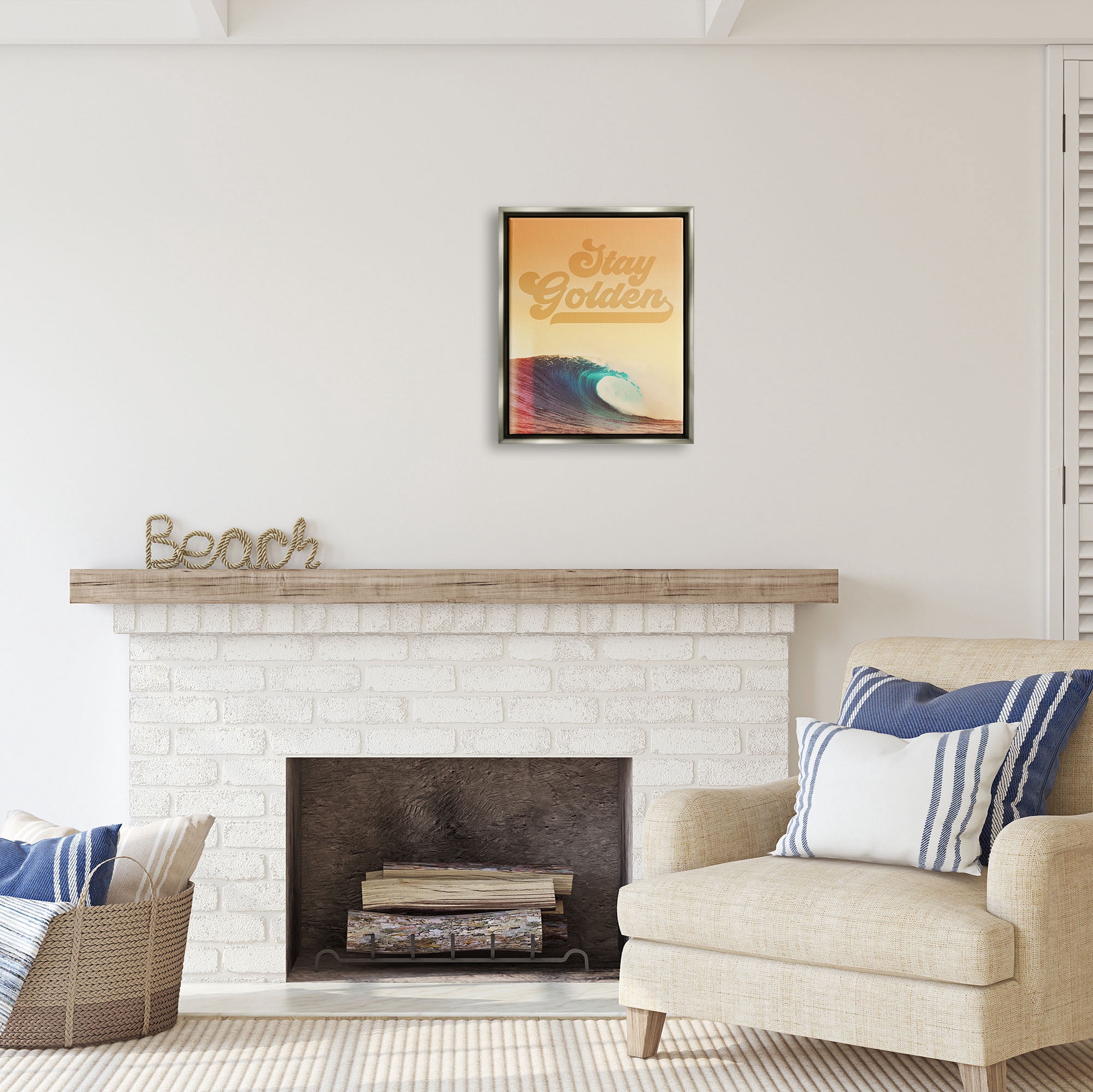 Stupell Industries Stay Golden Beach Waves Nature Painting Gray Floater Framed Art Print Wall Art, 17 x 21
