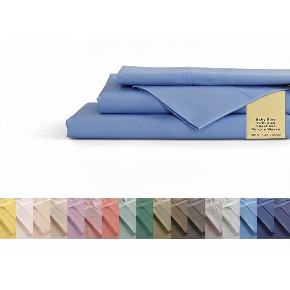 100% Cotton Percale Sheet Set Twin Size Baby Blue Deep Pocket 3 Piece