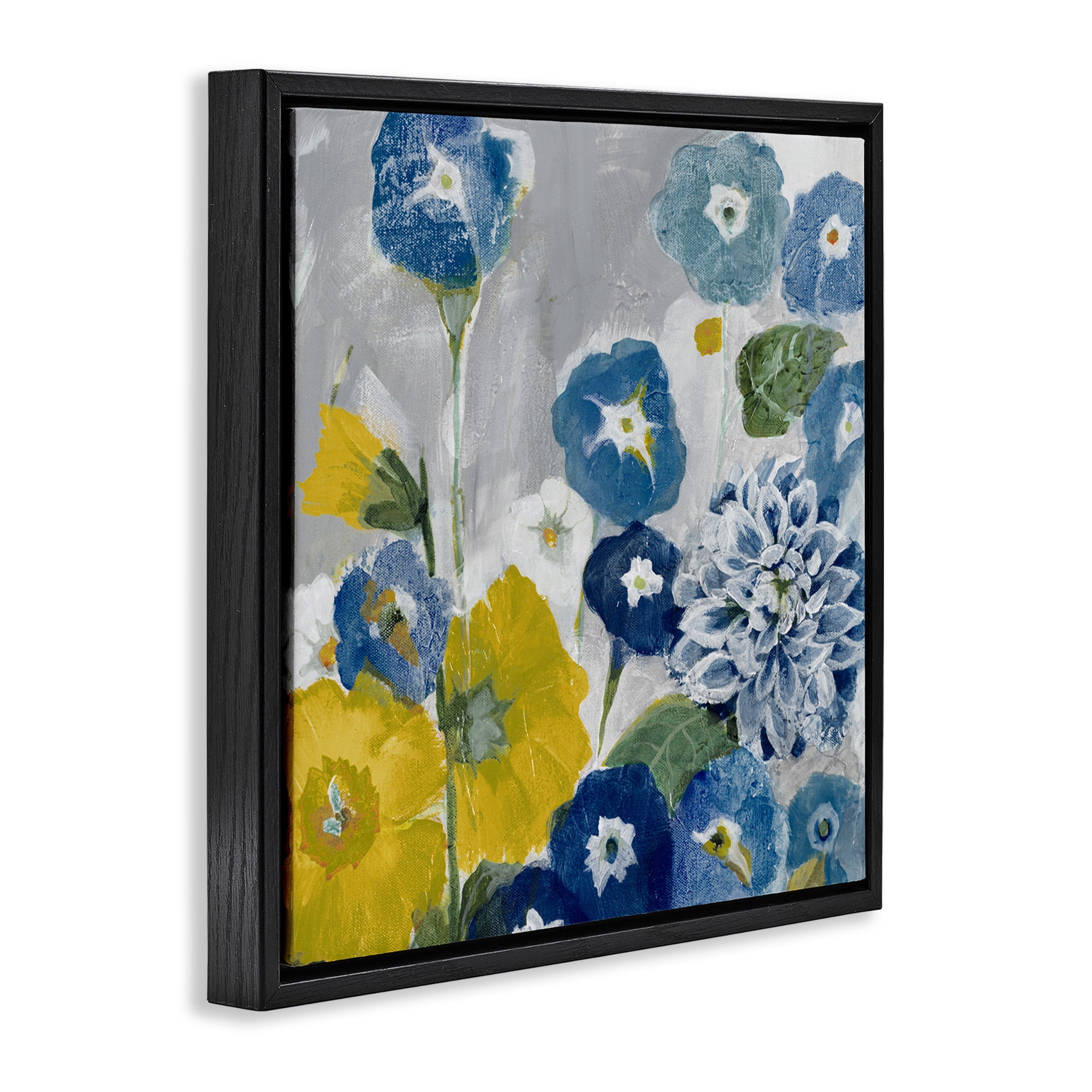 Stupell Industries Blue & Yellow Abstract Poppies Botanical & Floral Painting Black Floater Framed Canvas Art Print Wall Art, 18 x 18