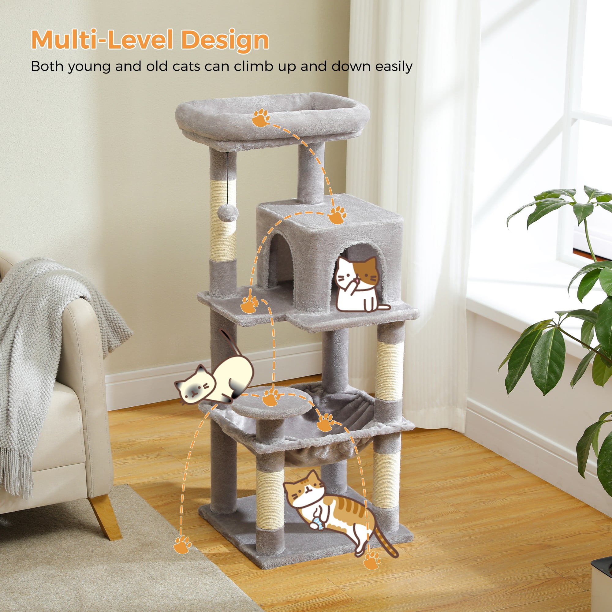 resenkos 45" Modern Cat Tree House, Cat Condo for Indoor Cats, Activity Center Cat Scratching Tower for Kittens Toy, Gray