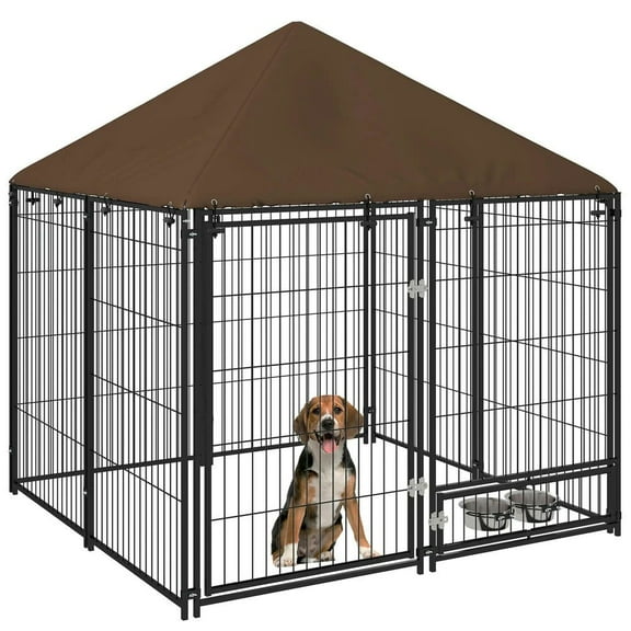 Topcobe Outside Dog Kennel, 4.6' x 4.6' x 5' Puppy Play Pen with Canopy, Garden Playpen Fence Crate Enclosure Cage Rotating Bowl, Outside Pet Shelter, Small Animal Habitat, Black