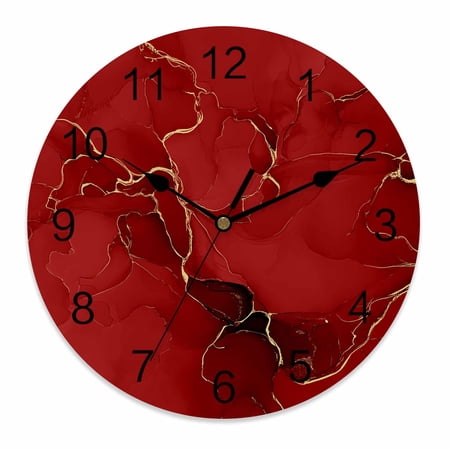 Wall Clock 10 Inch Red WatercolorTextured Round Silent Decorative Wall Clocks Battery Operated for Living Room Bedroom Kitchen Classroom Decor, Abstract Gold Fluid Line Minimalist,Small