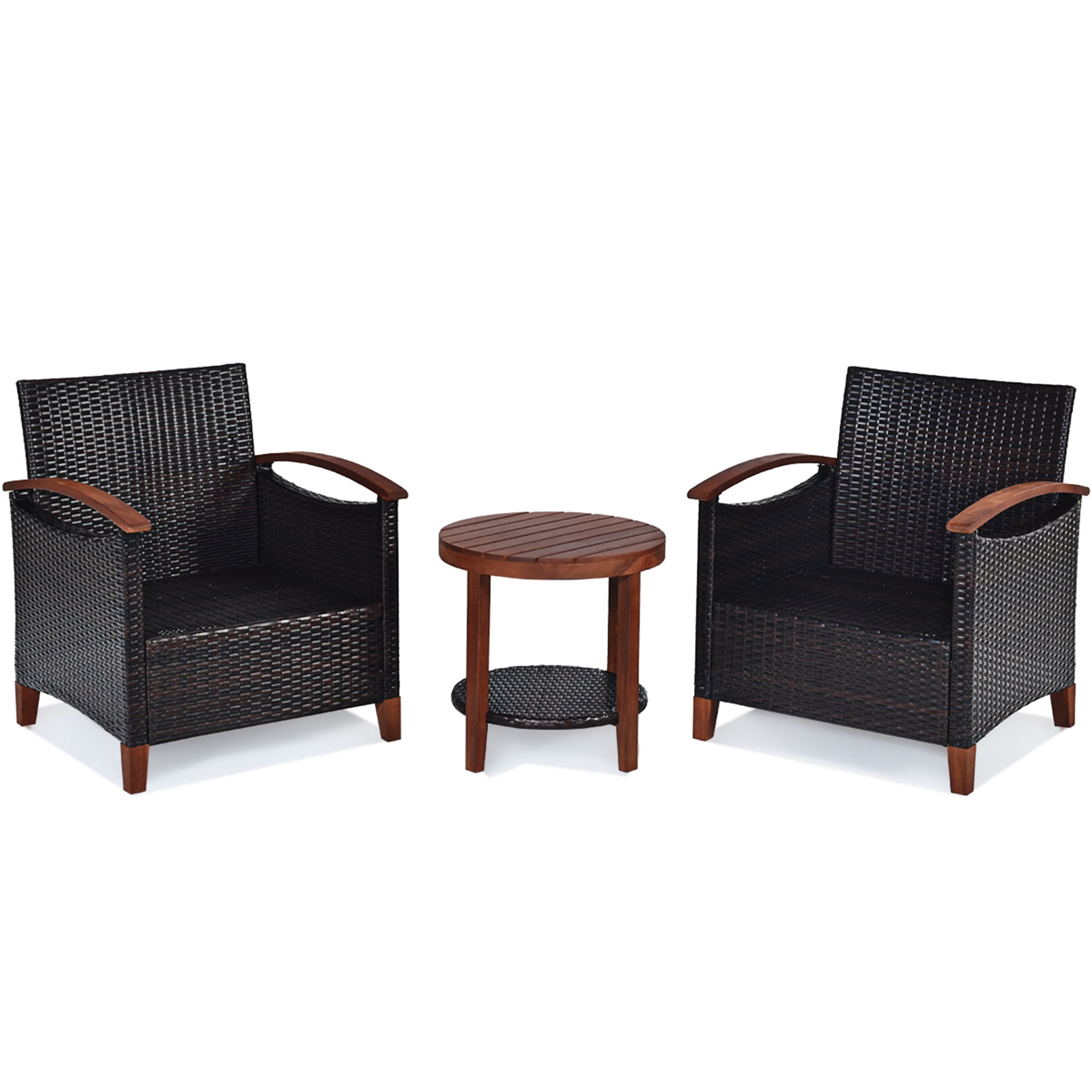 Gymax 3PCS Patio Wicker Rattan Conversation Set Outdoor Furniture Set w/ Red Cushion