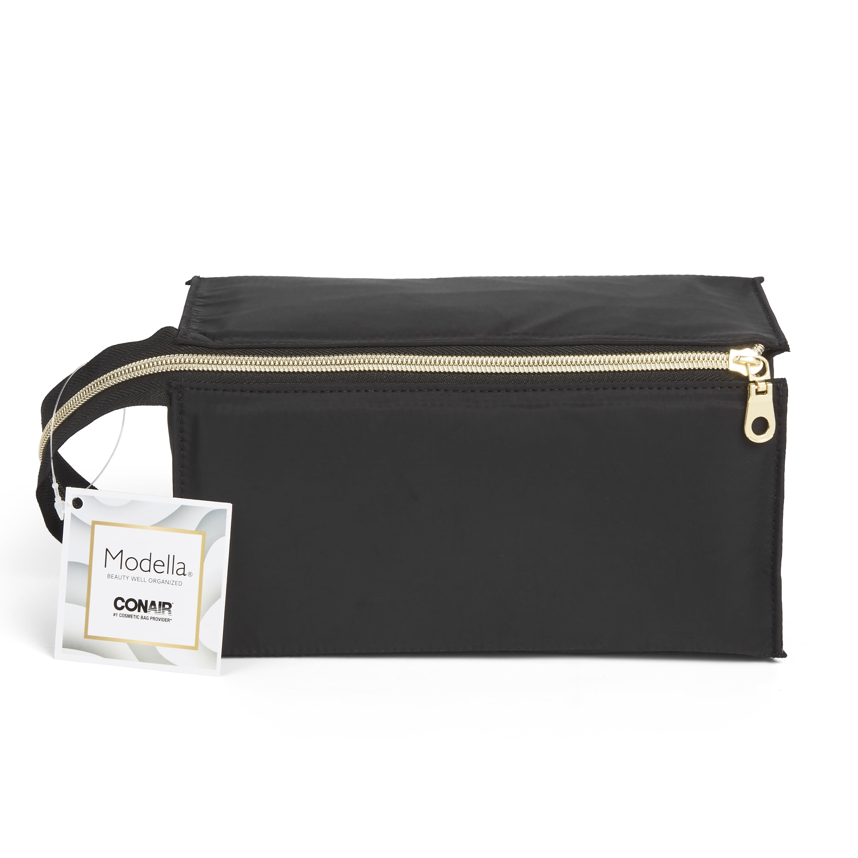Modella Lay Flat Travel Cosmetic Bag for Makeup & Accessories, Black with Gold Zipper